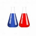 Pair of Laboratory Glass Bottles with Blue and Red Liquid